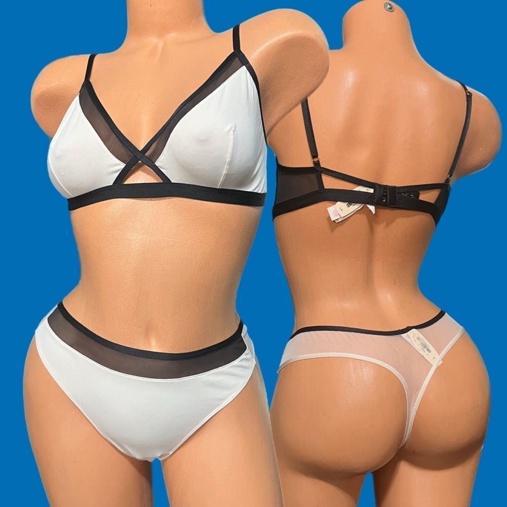 Victorias Secret Set Unlined with Sheer Mesh bralette and thong panty Cream L